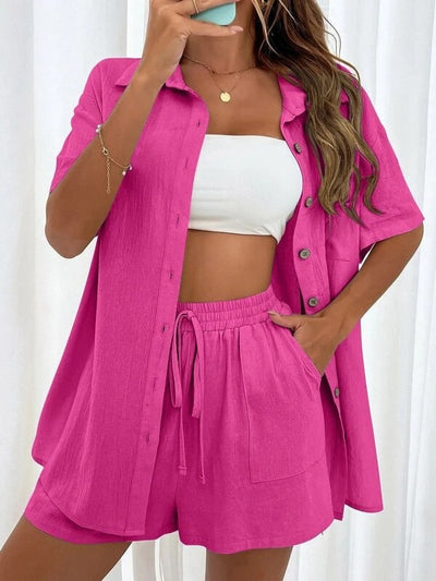 Women's Casual Two-Piece Set: Breathable Short Sleeve Blouse & Drawstring Shorts Outfit