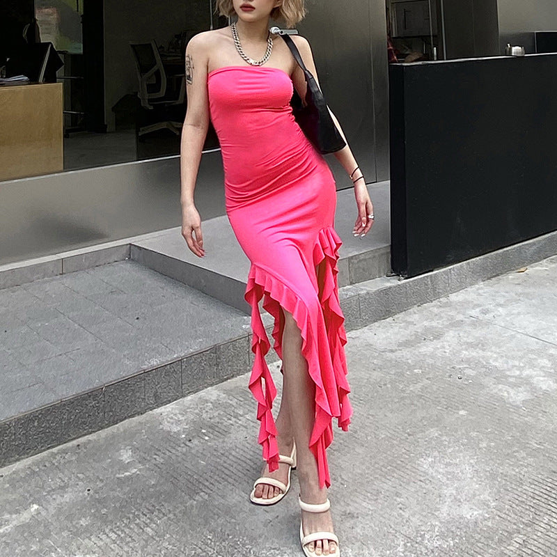 Women’s Strapless Ruffle Maxi Dress – High Slit Party Dress