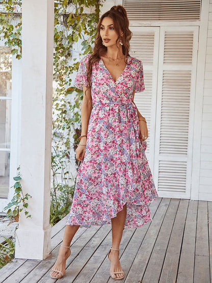 Women's Wrap Midi Dress - V-Neck - Short Flutter Sleeves - Asymmetrical Hem