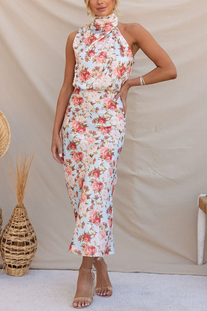 Women's Halter Neck Midi Dress - Sleeveless A-Line - Elegant Floral Print