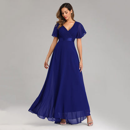 Women's Evening Gown - V-Neck with Flutter Sleeves - Flowing Maxi Length