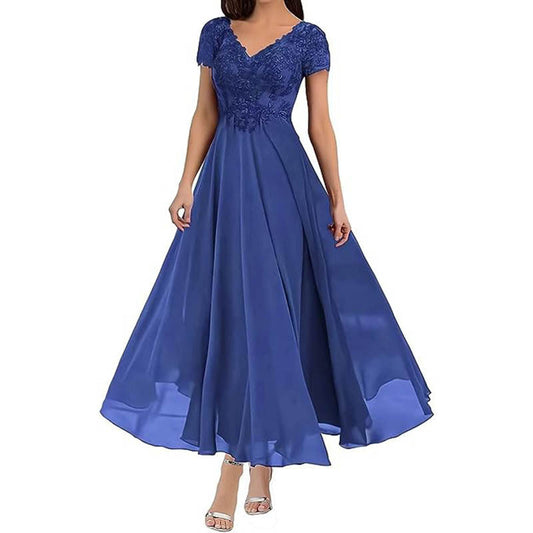 Women’s Maxi Dress – Lace Bodice – V-Neck – Short Sleeve – Flowing Skirt – Formal Wear
