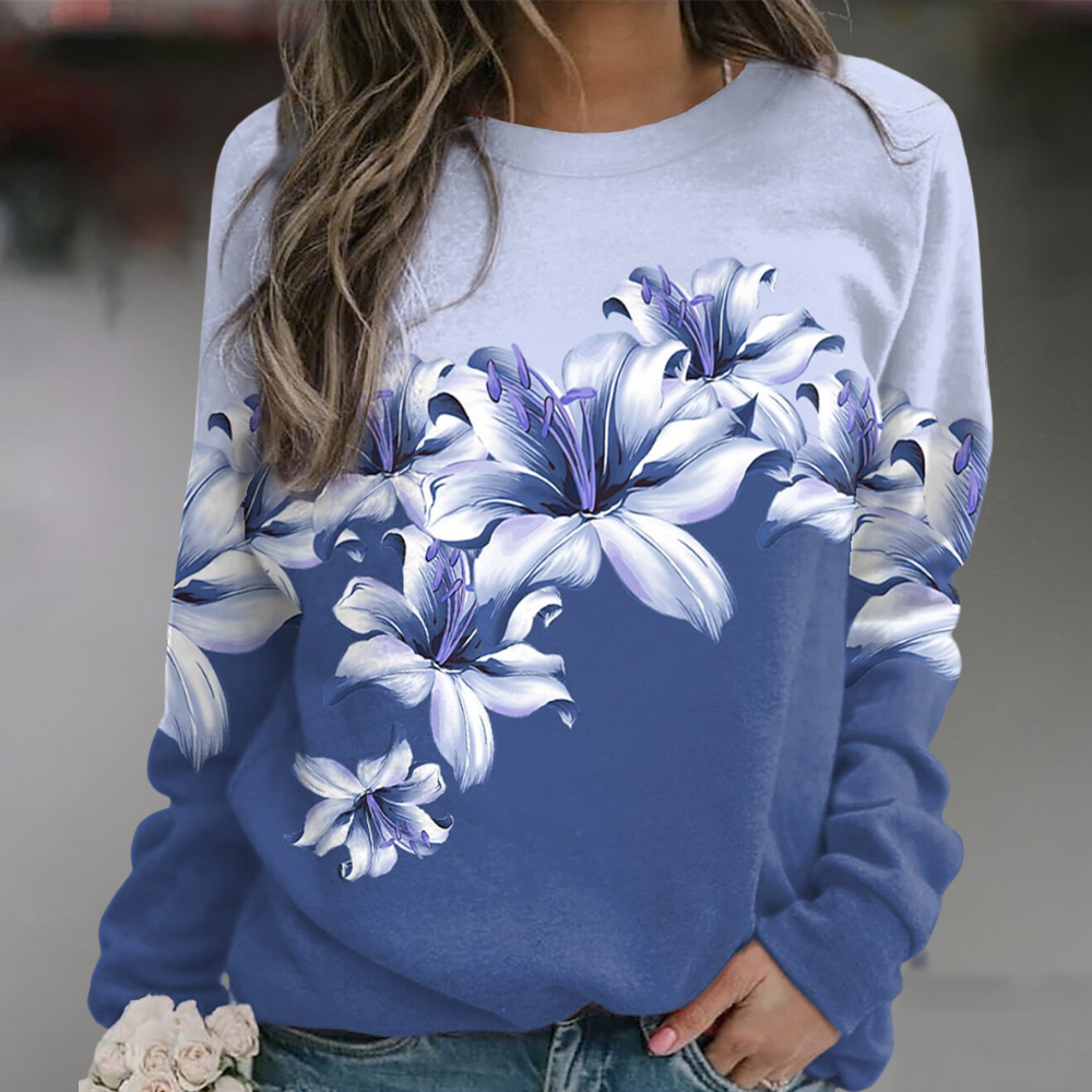 Women's Sweatshirt - Soft Breathable Fabric - Relaxed Fit - Floral Print - Long Sleeve