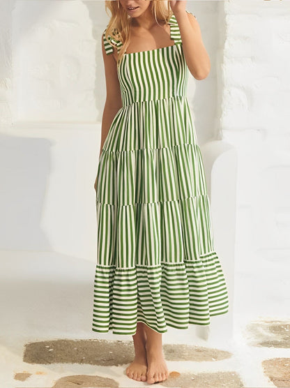 Striped Maxi Dress with Layered Skirt – Lightweight, All-Season Elegance