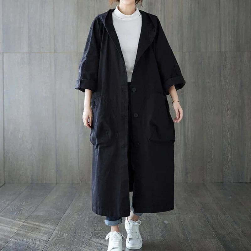 Women’s Trenchcoat – Oversized Fit – Long Length – Hooded – Large Pockets
