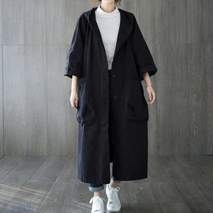 Women’s Trenchcoat – Oversized Fit – Long Length – Hooded – Large Pockets