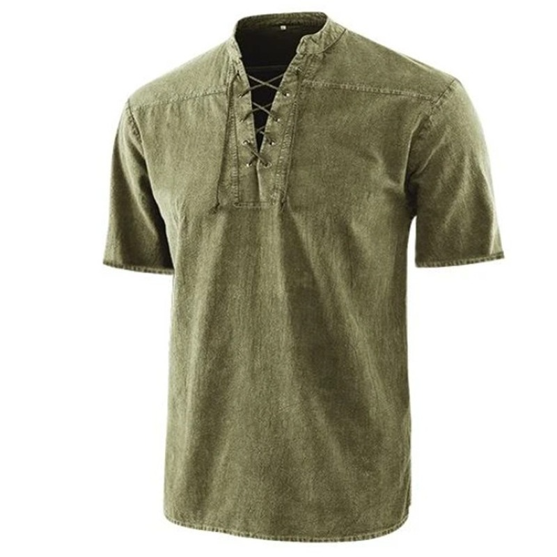Men’s Shirt – Relaxed Fit – Lace-Up Neckline – Short Sleeve – Breathable Blend