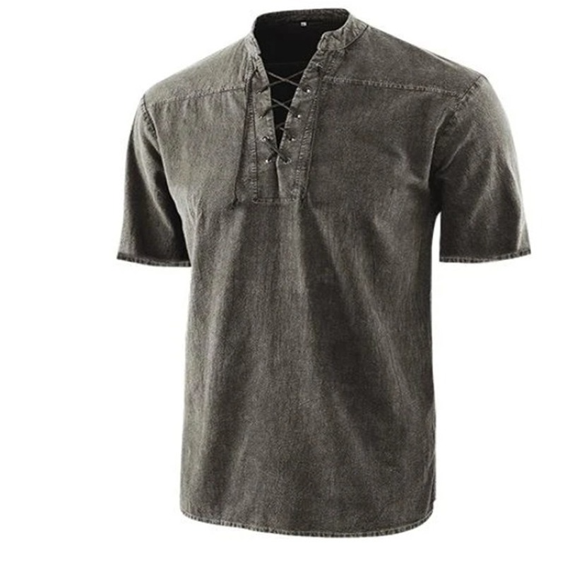 Men’s Shirt – Relaxed Fit – Lace-Up Neckline – Short Sleeve – Breathable Blend