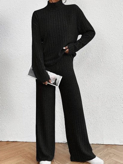 Women's Knit Two-Piece Set - Ribbed Turtleneck Sweater & High-Waist Wide-Leg Trousers