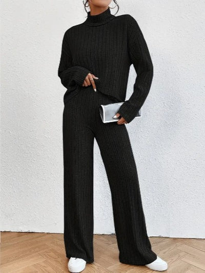 Women's Knit Two-Piece Set - Ribbed Turtleneck Sweater & High-Waist Wide-Leg Trousers
