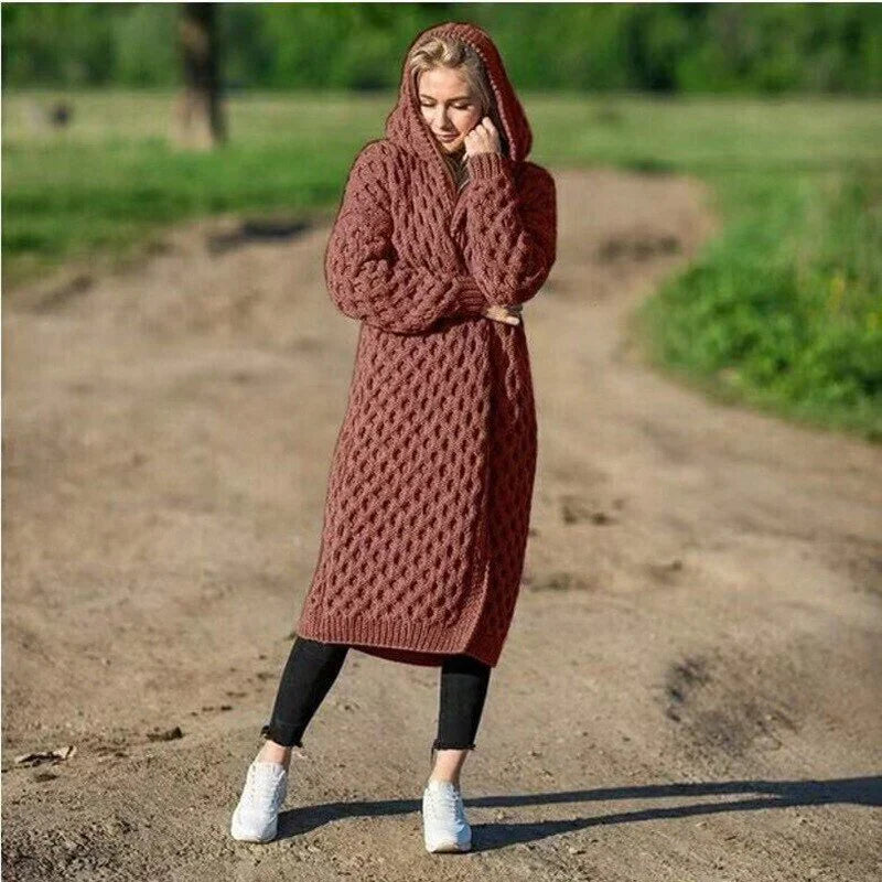 Women’s Cardigan – Chunky Knit – Oversized Fit – Hooded Cable Knit Longline Style