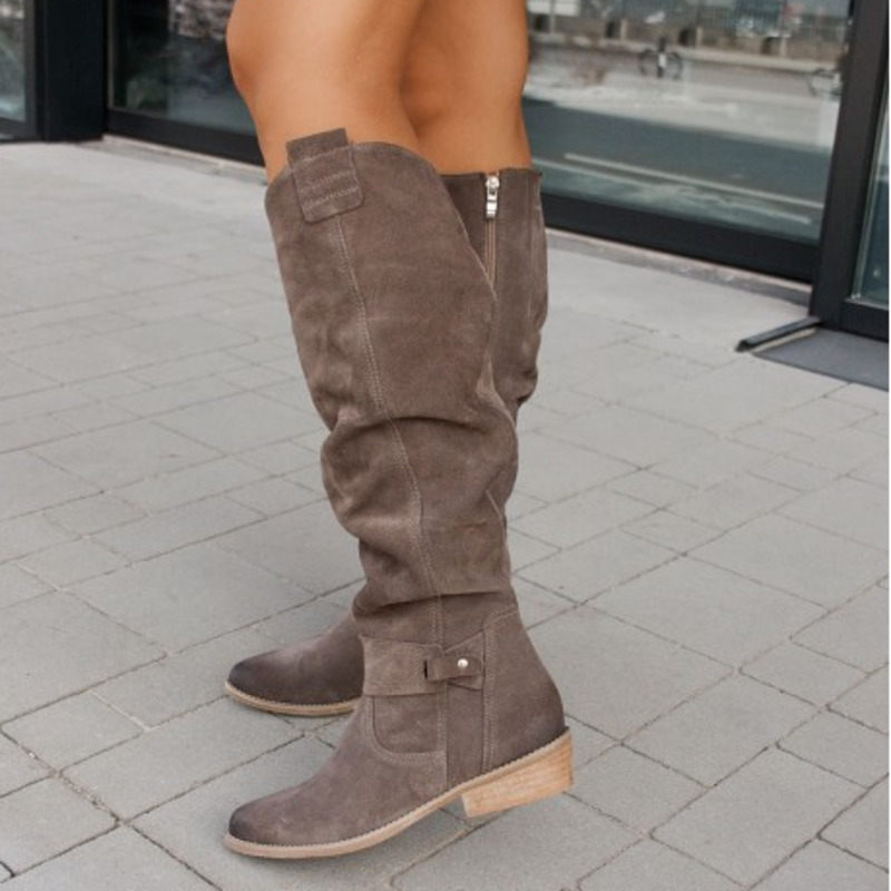 Women’s Knee-High Boots – Suede Finish – Low Heel – Round Toe – Side Zip – Buckle Detail
