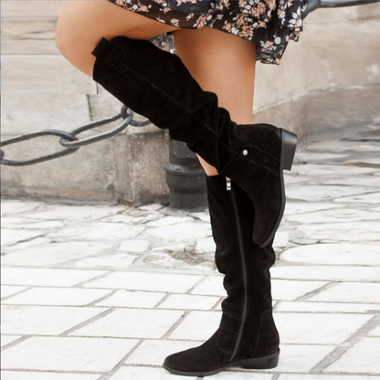 Women’s Knee-High Boots – Suede Finish – Low Heel – Round Toe – Side Zip – Buckle Detail
