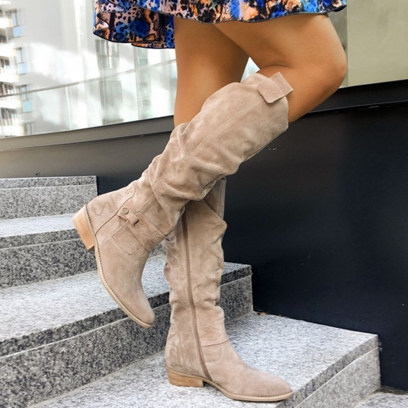 Women’s Knee-High Boots – Suede Finish – Low Heel – Round Toe – Side Zip – Buckle Detail