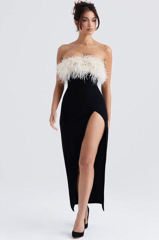 Women’s Evening Dress – Strapless Satin – Fitted Full-Length – Feather Trim Split