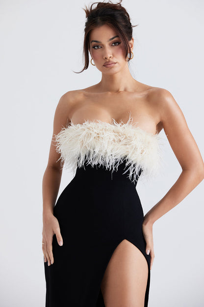 Women’s Evening Dress – Strapless Satin – Fitted Full-Length – Feather Trim Split