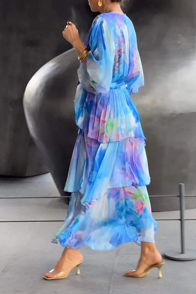 Women’s Maxi Dress – Wrap Style – Chiffon Fabric – Puff Sleeves – Ruffle Tiered Skirt
