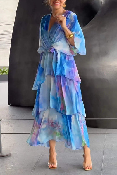 Women’s Maxi Dress – Wrap Style – Chiffon Fabric – Puff Sleeves – Ruffle Tiered Skirt