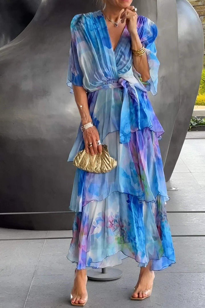 Women’s Maxi Dress – Wrap Style – Chiffon Fabric – Puff Sleeves – Ruffle Tiered Skirt