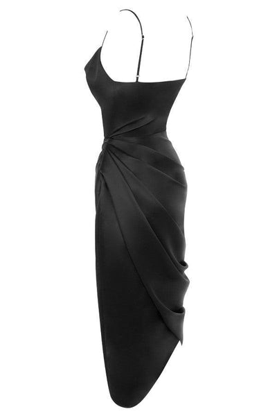 Women’s Midi Dress – Cowl Neck – Spaghetti Straps – High Slit – Draped Waist Detail