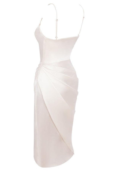 Women’s Midi Dress – Cowl Neck – Spaghetti Straps – High Slit – Draped Waist Detail