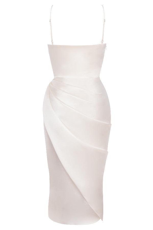 Women’s Midi Dress – Cowl Neck – Spaghetti Straps – High Slit – Draped Waist Detail