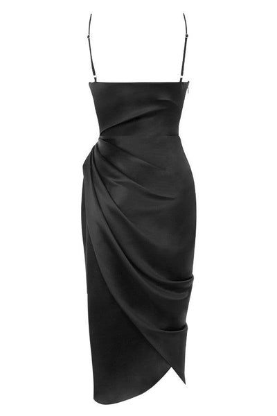 Women’s Midi Dress – Cowl Neck – Spaghetti Straps – High Slit – Draped Waist Detail