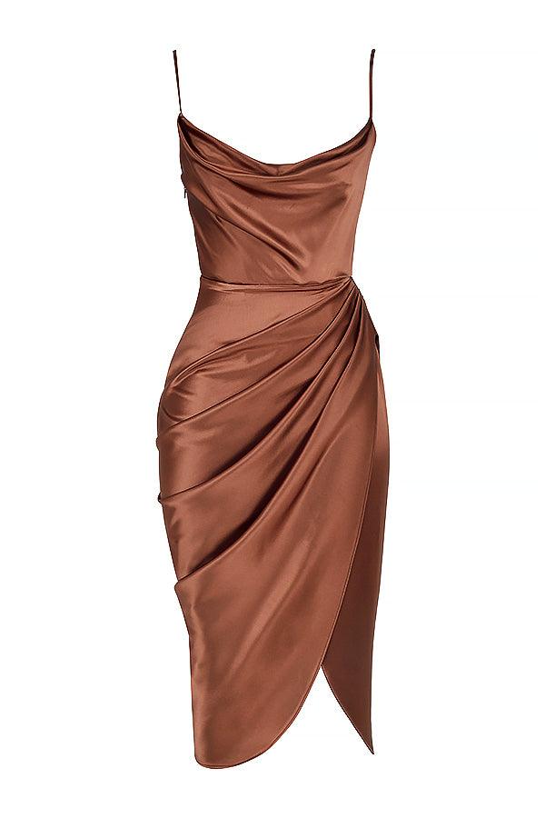 Women’s Midi Dress – Cowl Neck – Spaghetti Straps – High Slit – Draped Waist Detail