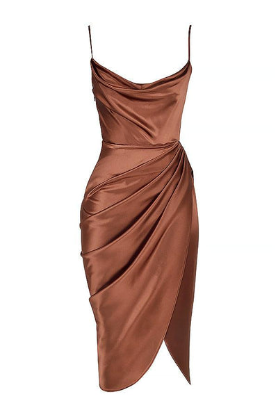 Women’s Midi Dress – Cowl Neck – Spaghetti Straps – High Slit – Draped Waist Detail