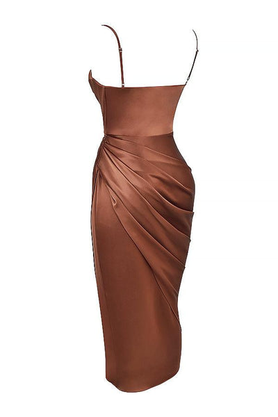 Women’s Midi Dress – Cowl Neck – Spaghetti Straps – High Slit – Draped Waist Detail