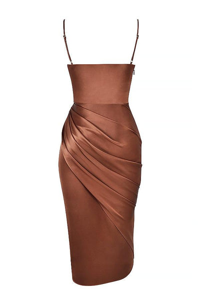 Women’s Midi Dress – Cowl Neck – Spaghetti Straps – High Slit – Draped Waist Detail