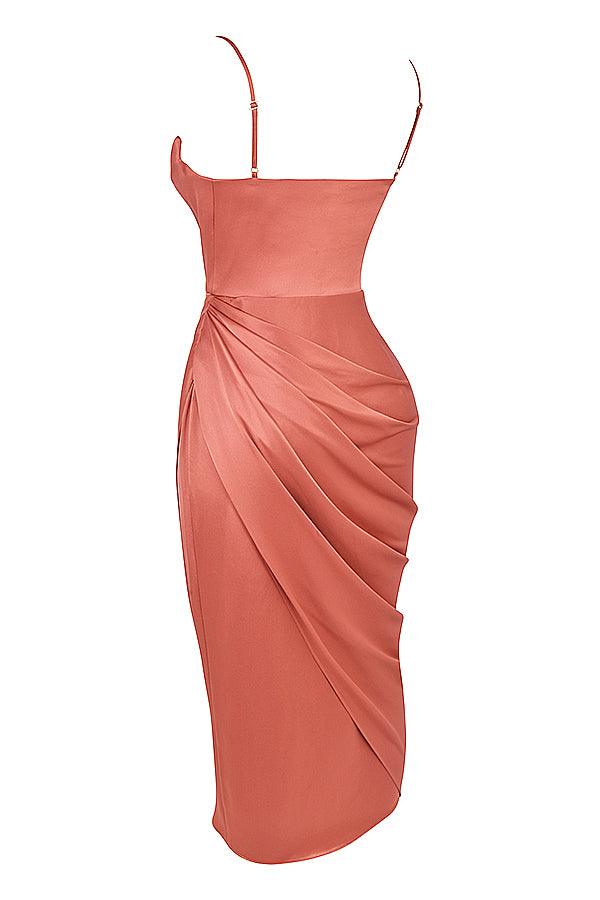 Women’s Midi Dress – Cowl Neck – Spaghetti Straps – High Slit – Draped Waist Detail
