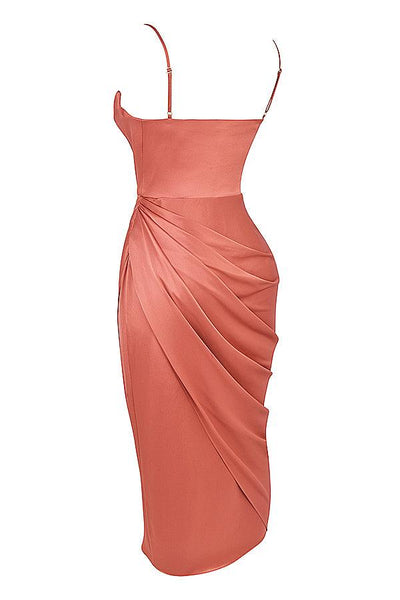 Women’s Midi Dress – Cowl Neck – Spaghetti Straps – High Slit – Draped Waist Detail