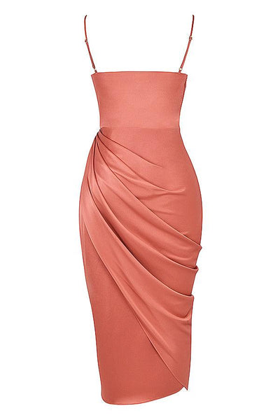 Women’s Midi Dress – Cowl Neck – Spaghetti Straps – High Slit – Draped Waist Detail