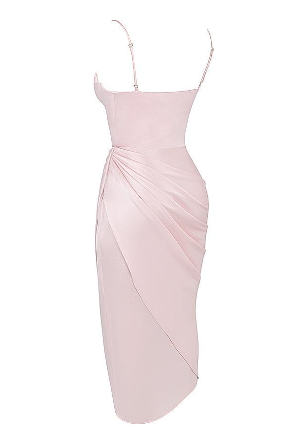 Women’s Midi Dress – Cowl Neck – Spaghetti Straps – High Slit – Draped Waist Detail