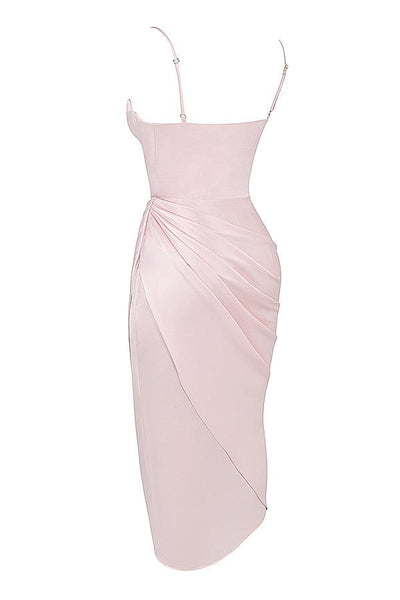 Women’s Midi Dress – Cowl Neck – Spaghetti Straps – High Slit – Draped Waist Detail