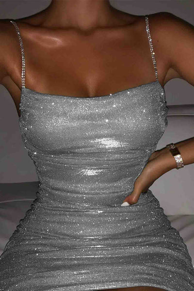 Glitter Ruched Chain Strap Mini Cami Dress