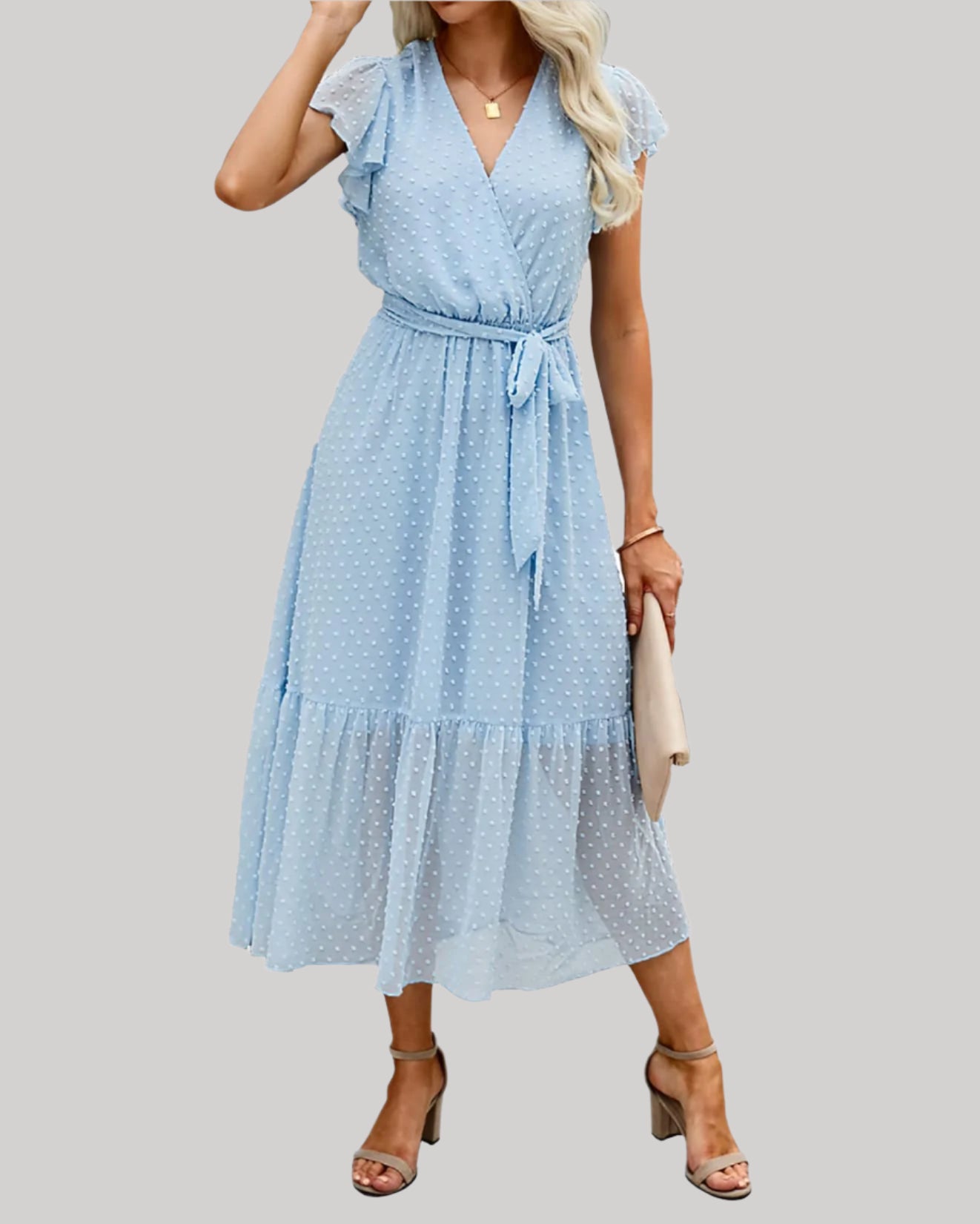 Women's Flared Dress - V-Neck - Short Puffed Sleeves - Ruffled Hem - Relaxed Fit