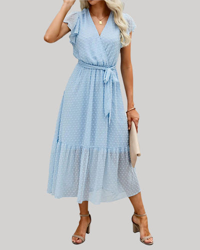 Women's Flared Dress - V-Neck - Short Puffed Sleeves - Ruffled Hem - Relaxed Fit