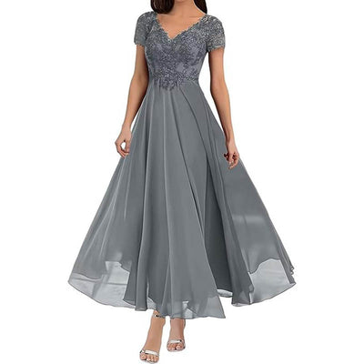 Women’s Maxi Dress – Lace Bodice – V-Neck – Short Sleeve – Flowing Skirt – Formal Wear