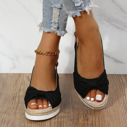 Women’s Wedge Sandals – Open Toe Slingback – Knot Detail – Braided Jute Platform