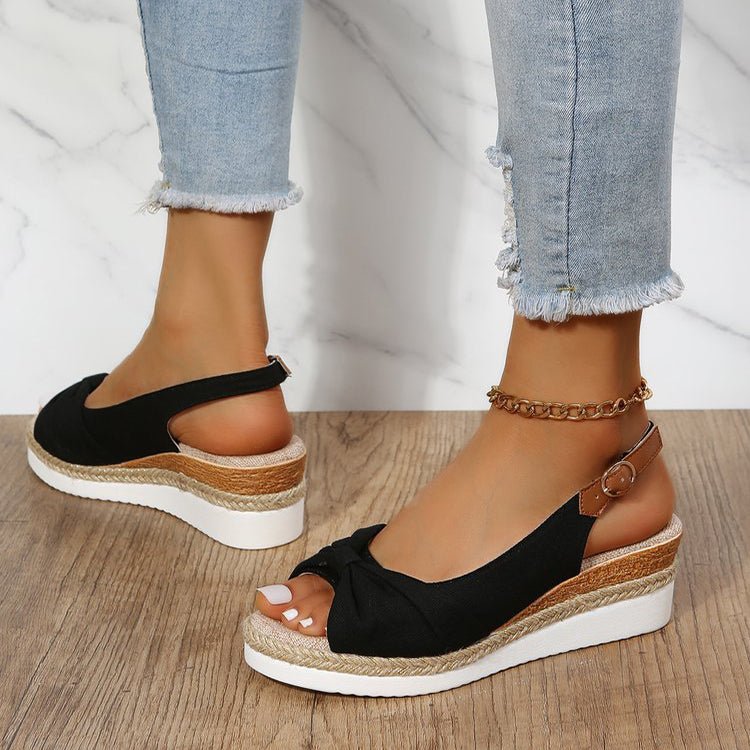 Women’s Wedge Sandals – Open Toe Slingback – Knot Detail – Braided Jute Platform