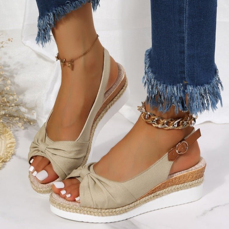 Women’s Wedge Sandals – Open Toe Slingback – Knot Detail – Braided Jute Platform