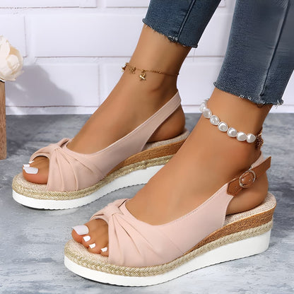 Women’s Wedge Sandals – Open Toe Slingback – Knot Detail – Braided Jute Platform