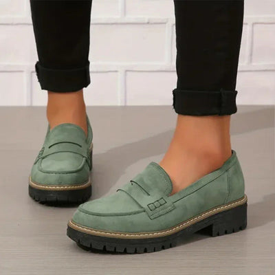 Women’s Suede Loafers – Chunky Sole – Rounded Toe – Vamp Strap – Casual Fit
