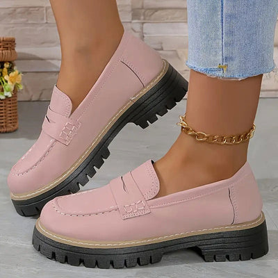 Women’s Suede Loafers – Chunky Sole – Rounded Toe – Vamp Strap – Casual Fit