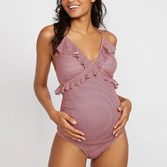 Women’s Maternity Swimsuit – Stretch Fit – Ruffle Trim – Cross-Back – Breathable Fabric