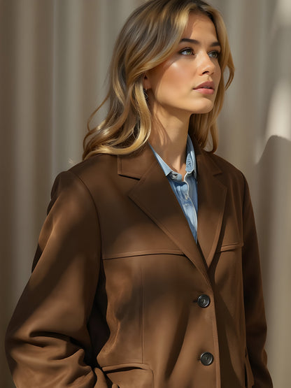 Women’s Jacket – Tailored Fit – Suede-Style Texture – Notched Lapel – Hip Length