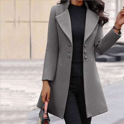 Women's Tailored Coat - Wool Blend - Mid-Thigh Length - Notched Lapel - Button-Up