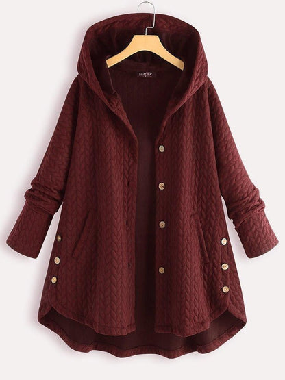 Women’s Hooded Coat – Oversized Fit – Quilted Chevron – Button Down – Side Pockets